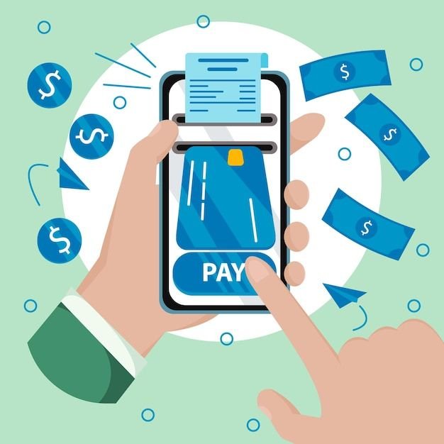 hand holding smartphone showing online payment by credit card premium vector